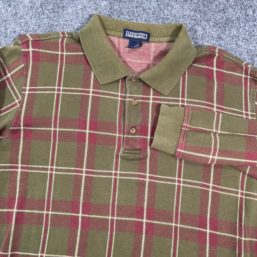 VTG Lands End Plaid‎ Polo Shirt Mens XL Long Sleeve Pique Knit Grandpa Old Style